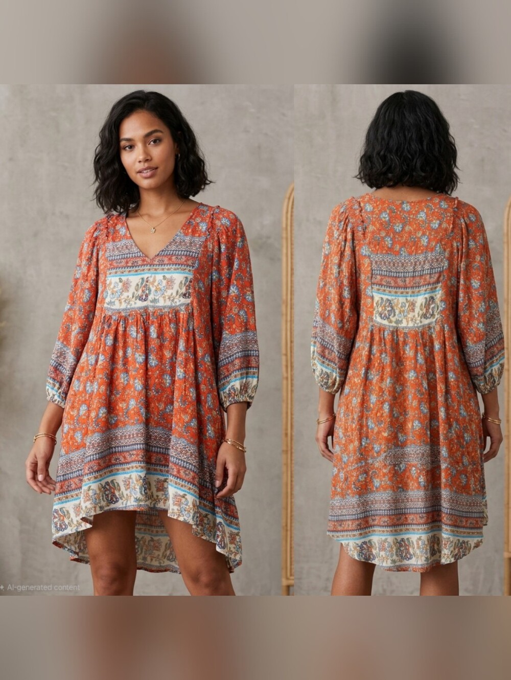 GIGIO USA Orange Floral Boho Tunic Dress High-Low Smocked Size L